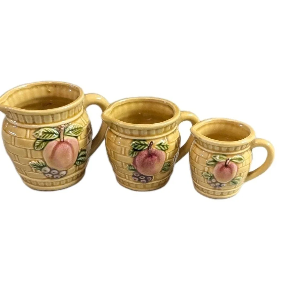 Vintage Our Own Imports Japan Ceramic Measuring Cups Basket Weave Fruit Set of 3